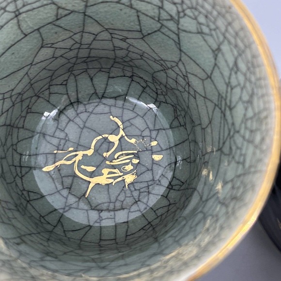 Vtg 4 Green Brown Somayaki Japan Double Wall Crackle Glazed Heart Tea Cups 200ml - Picture 9 of 16